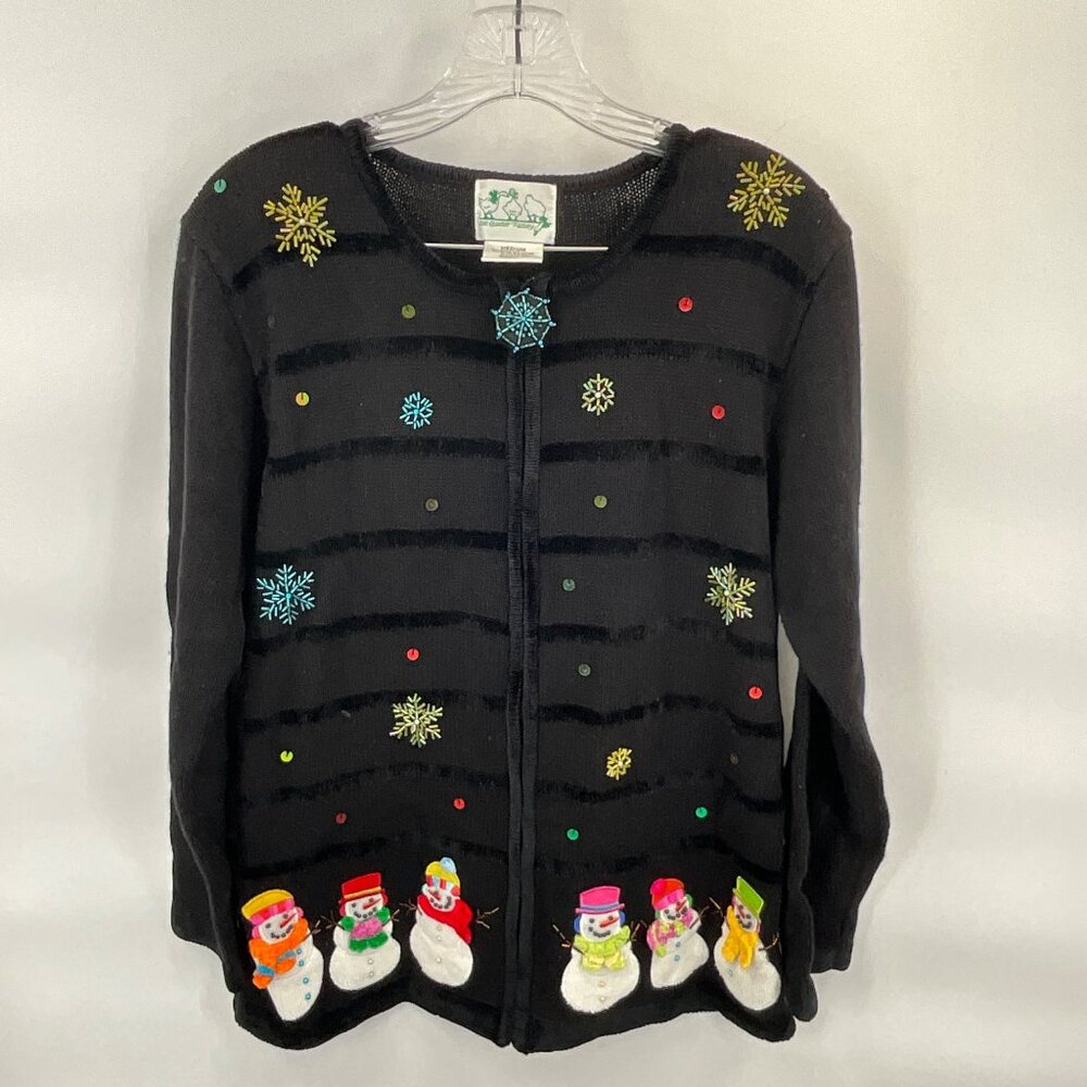 Quacker Factory Medium Chenille‎ Trim Snowman Cardigan Zip Front